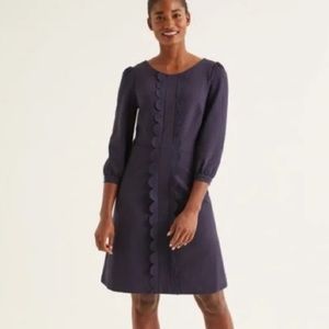 Boden 8 Alexandra Eyelet Scallop Front Navy Puff Sleeve Ponte Knee Length Dress